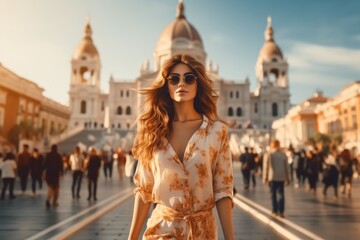 Wall Mural - Female casual solo traveller roam alone walking at famous destination landmark In Europe architecture, Heritage city scape vacation travel.