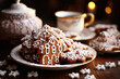 Delicious gingerbread cookies with white icing in a plate on the holiday table. Sweet gift. Preparing for winter family celebration. Healthy eating concept, new year 2024. Bokeh lights. Generative AI