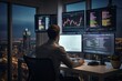business man looking at the charts of the stock market of cryptocurrencies on the PC screen. city ​​lights in the background