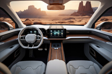 Poster - Car interior design, A futuristic car in a off road landscape.