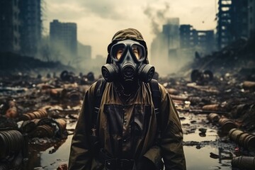 Wall Mural - Man with gas mask in the middle of a disaster.