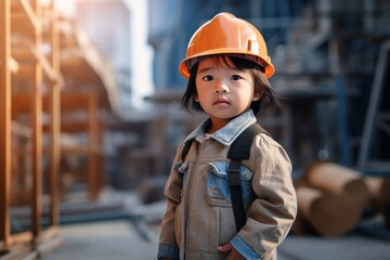 a asian girl in a helmet of a working engineer on the background of construction. Construction site