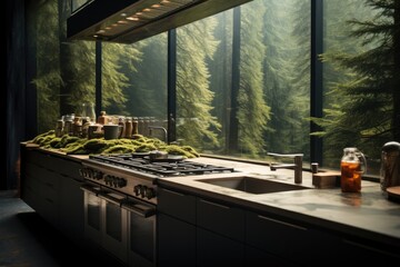 Poster - Outdoor kitchen with range hood, Countertop, Minimalist style, Majestic forest scenery.