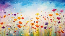 An AI Illustration Of Colorful Flowers Are Painted On A Canvas With Bright Colors And Blue Sky