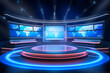 stage with lights and monitor screens. empty interior stage with several lights. news broadcast room. lights. wallpaper, background. illustration.