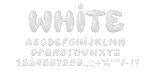 glossy 3d bubble font vector with white inflatable balloon letters, full alphabet set and numbers in