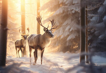 AI Generated Image Of Reindeer Looking Away In The Snowy Forest At Sunset
