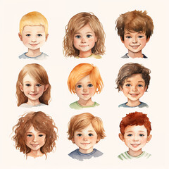 Wall Mural - set of watercolor clip art of child faces isolated on white background for graphic design