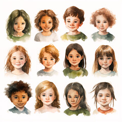 Wall Mural - set of watercolor clip art of child faces isolated on white background for graphic design