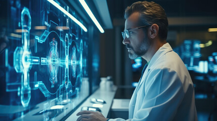 Poster - Doctor checking heart disease and illness on monitor, diagnosis analysis preparing operation on heart disease in a futuristic hospital.