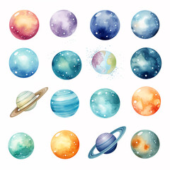 Wall Mural - set of watercolor clip art of planets isolated on white background for graphic design