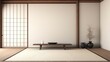 3D rendering of a living room with sliding doors and Japanese tea table. 