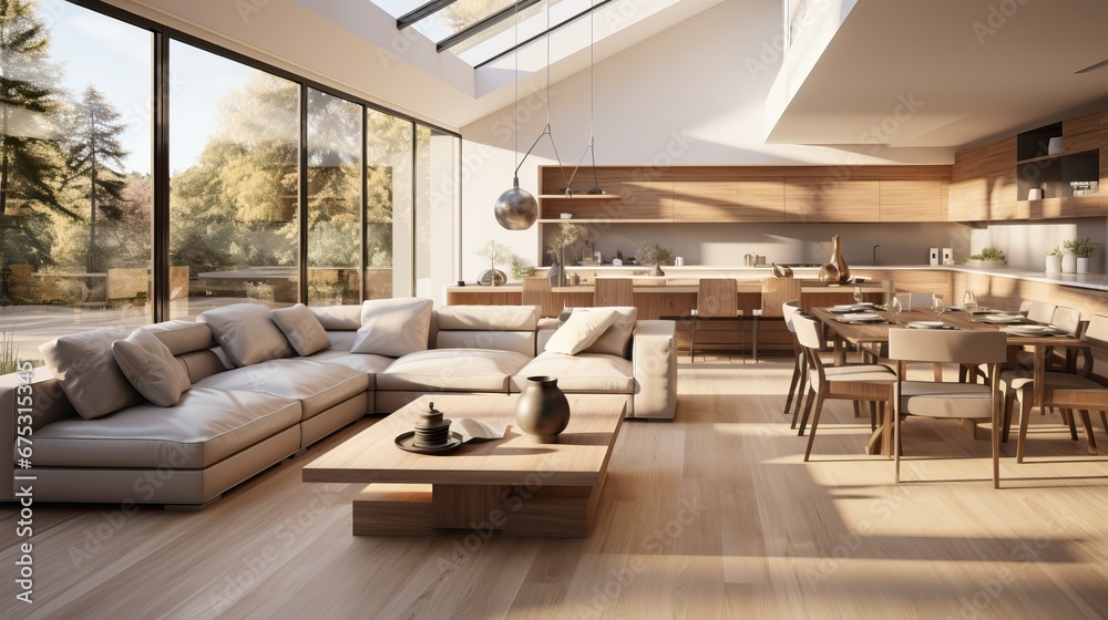 Intérieur moderne et lumineux d'un séjour avec un grand canapé et des ...