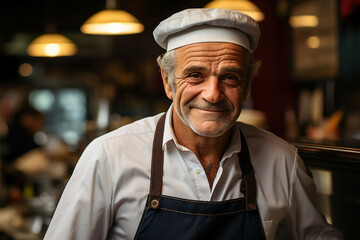 Canvas Print - Coffee shop owner standing in his cozy cafe created with generative ai technology