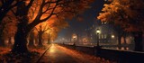Fototapeta Londyn - In the autumn night the black sky is illuminated by the soft glow of city lights creating a picturesque backdrop for the tree lined streets and the tranquil beauty of nature s landscape in 