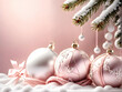 Adornos navideños debajo de una rama de abeto nevada. Decoración de Navidad en color rosa palo y blanco bajo un abeto con nieve. Hecho con IA.