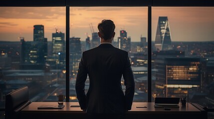 business man, back view, in the office, skyline view