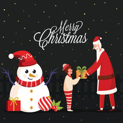 Poster - Cartoon Santa Claus Giving Gift to Boy with Snowman, Holly Berry and Bauble on Dark Background for Merry Christmas Celebration.