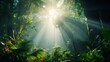A sunbeam piercing through the canopy of a dense jungle, illuminating the vibrant green foliage and the mist in the air.  --