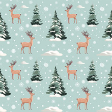 Wild Deers In Snowy Winter Forest. Vector Seamless Pattern With Woodland.