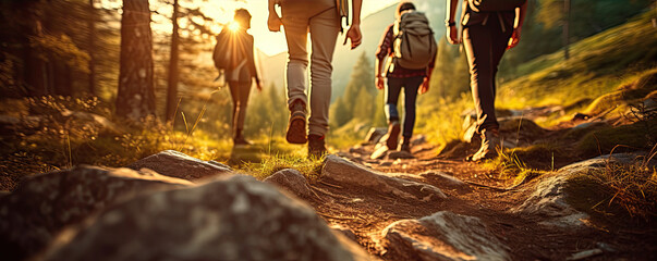 Hikers walking in fores in sunset light. Detail on hiker shoe rear view.  copy space for text.