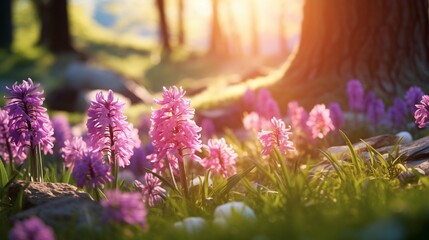 Wall Mural - Spring glade in forest with flowering pink and purple hyacinths in sunny day in nature. Colorful natural spring landscape with with flowers, soft selective focus.