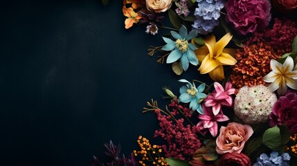 Wall Mural - Various flowers on black background. Overhead view with copy space