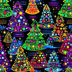 Aufkleber - Seamless Christmas tree neon lighting on black background