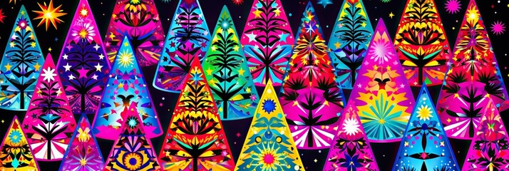 Aufkleber - Colorful Christmas neon trees, Holiday light neon banner.