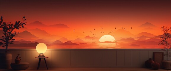 Wall Mural - Aesthetic background with light sunset projector lamp