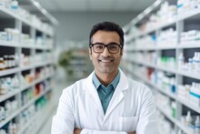 A Indian Man Pharmacist On The Background Of Shelves With Medicines