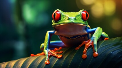 Wall Mural - A red-eyed frog sitting on a leaf in the Costa Rican rainforest