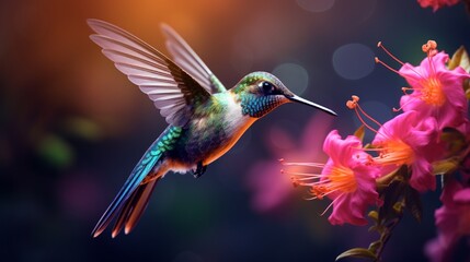 Wall Mural - beautiful colourful hummingbird with pink flower bunch