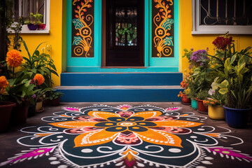 Colorful rangoli designs adorning the entrance of a house during Diwali