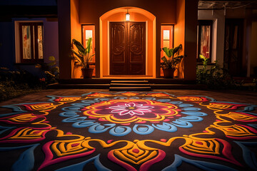 illustration of depicting colorful rangoli designs adorning the entrance of a house during diwali