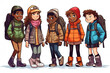 Cartoon mit Schulkinder in bunter Kleidung und Schulranzen