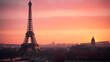 A photo of the Eiffel Tower, with a vibrant Parisian cityscape as the background, during sunset