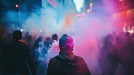 Wall Mural - A person in a hoodie is standing behind smoke, AI
