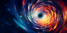 Black Hole Attracting Light Like A Spiraling Vortex, Kaleidoscopic Abstract Background With Copy Space