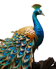 Wall Mural - Peacock with feathers on a branch isolated on transparent background