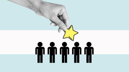 Evaluate the team. Hand is holding a star over the team. High appreciation and reward for work. Awarding, efficiency and productivity. Recruiting the best job applicants.