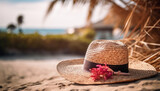 Fototapeta  - Straw hat on the beach. Beach holiday concept