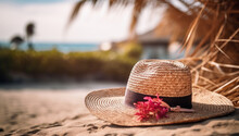 Straw Hat On The Beach. Beach Holiday Concept