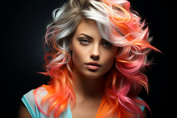 Wall Mural - Portrait of a beautiful girl with rainbow neon hair style on black background.