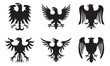 Collection of heraldic eagle logos. Ancient bird badge symbol silhouette