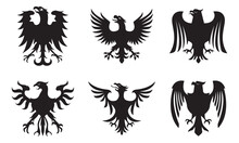Collection Of Heraldic Eagle Logos. Ancient Bird Badge Symbol Silhouette