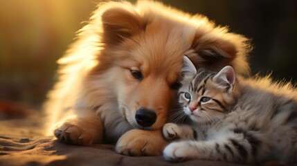 Poster - Fluffy dog hugs tiny kitten, soft fur connection. National Hug Day.