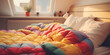 Warm vivid multicolored blanket lying on the bed in attic bedroom. House heating concept.