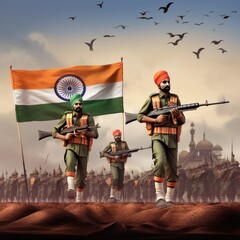 Wall Mural - Indian patriotic background with Indian army man holding flag