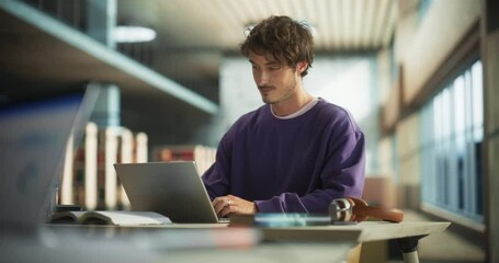 Portrait of a Stylish Male Student Working on His University Exercise on a Laptop Computer. Young Handsome Man Studying an Online College Course in an Empty Quiet Public Library